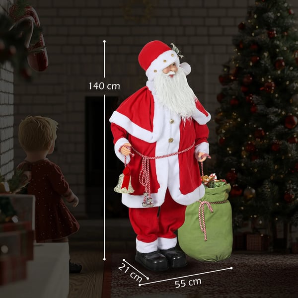 Stående jultomte 1,4 m med present och julklockor, klassisk julgransprydnad med ljudfunktion, inomhus, röd