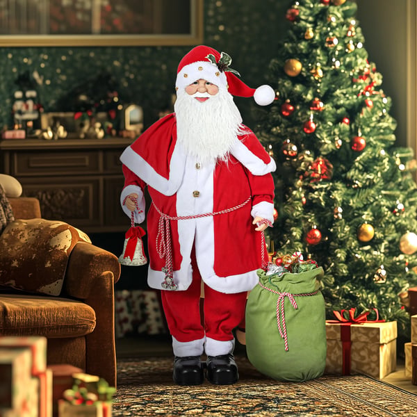 Stående jultomte 1,4 m med present och julklockor, klassisk julgransprydnad med ljudfunktion, inomhus, röd