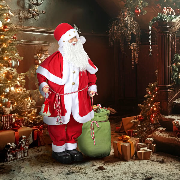 Stående jultomte 1,4 m med present och julklockor, klassisk julgransprydnad med ljudfunktion, inomhus, röd