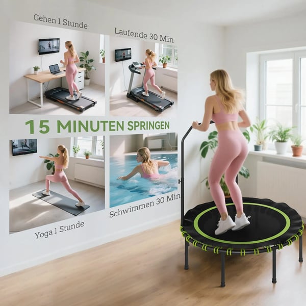 Fitness Trampolin m. justerbart håndtag, stål/plastik, grøn, Ø122cm