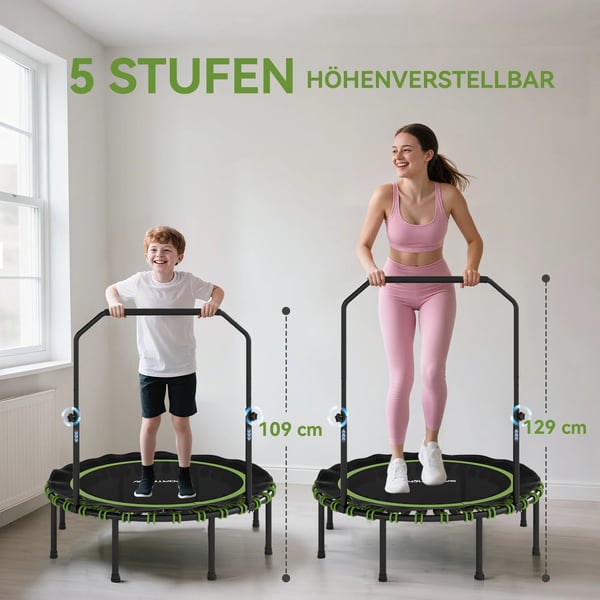Fitness Trampolin m. justerbart håndtag, stål/plastik, grøn, Ø122cm