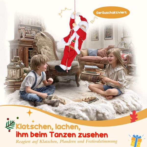 Tomte 60 cm sjungande och klättrande tomte med presentrep ljudeffekt inomhus, röd