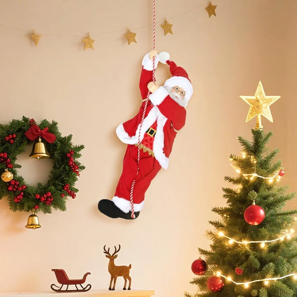 Tomte 60 cm sjungande och klättrande tomte med presentrep ljudeffekt inomhus, röd