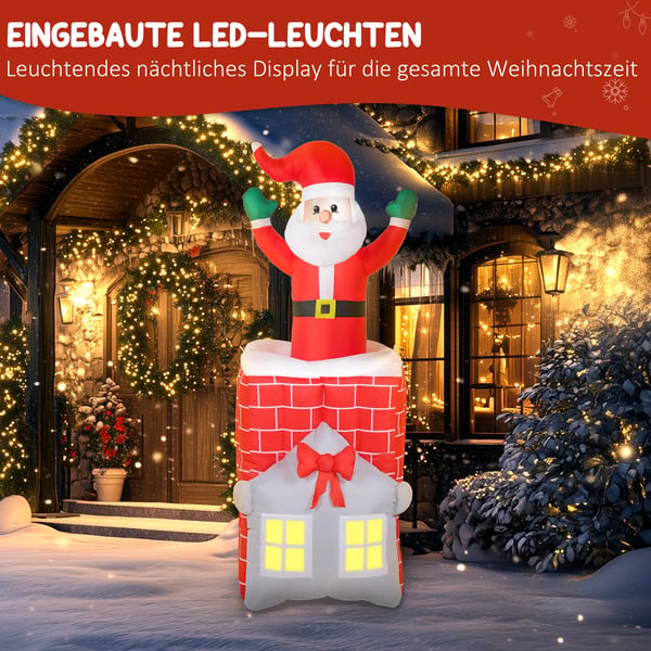 Oppustelig Julemand i Skorsten 210cm, Flerfarvet Polyester m. LED Lys
