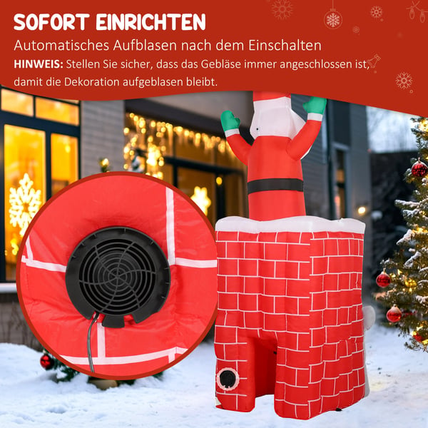 Oppustelig Julemand i Skorsten 210cm, Flerfarvet Polyester m. LED Lys