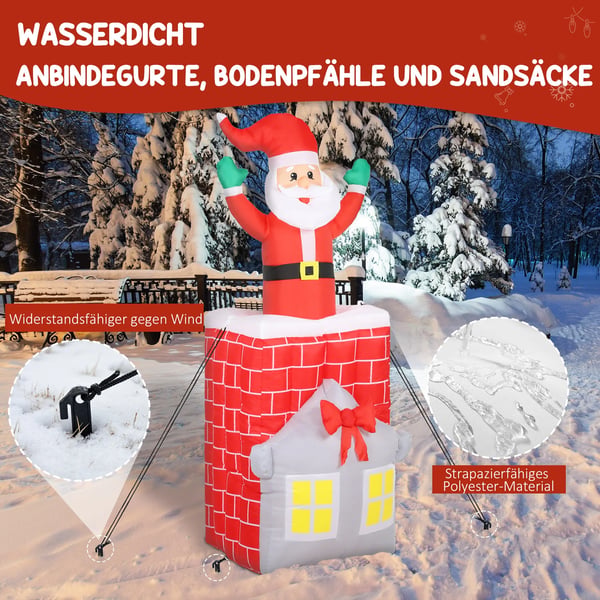 Oppustelig Julemand i Skorsten 210cm, Flerfarvet Polyester m. LED Lys