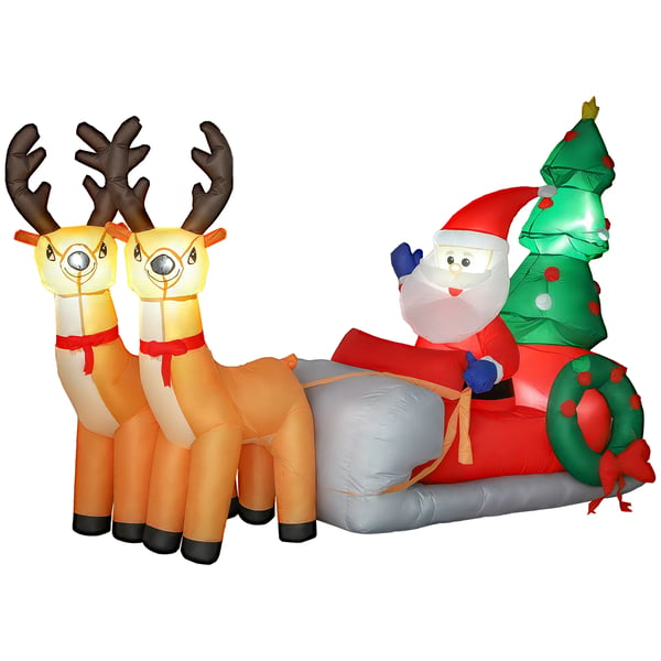 Oppustelig Juledekoration - Julemand i rensdyrslæde, 216 cm - Polyester, LED-lys, Farverig