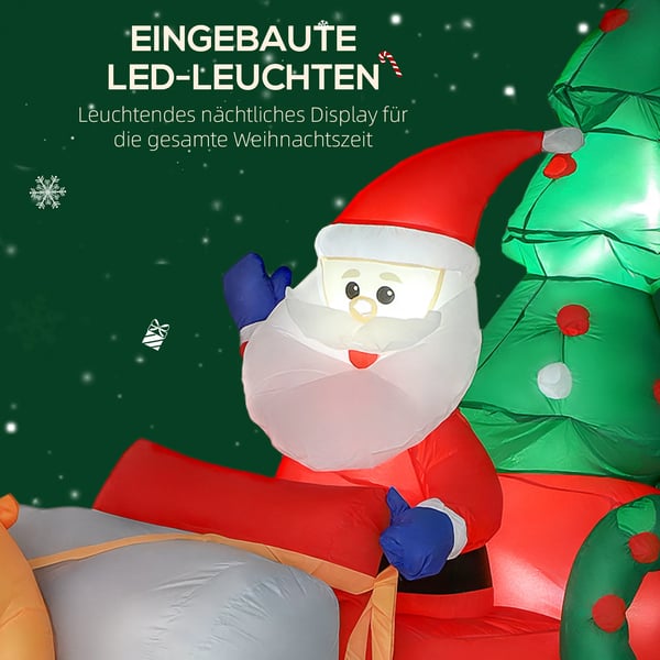 Oppustelig Juledekoration - Julemand i rensdyrslæde, 216 cm - Polyester, LED-lys, Farverig