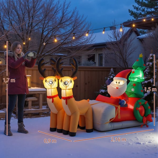 Oppustelig Juledekoration - Julemand i rensdyrslæde, 216 cm - Polyester, LED-lys, Farverig