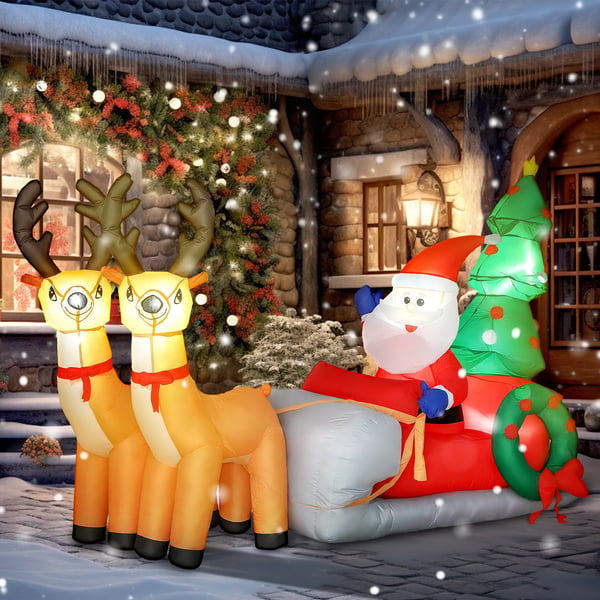 Oppustelig Juledekoration - Julemand i rensdyrslæde, 216 cm - Polyester, LED-lys, Farverig