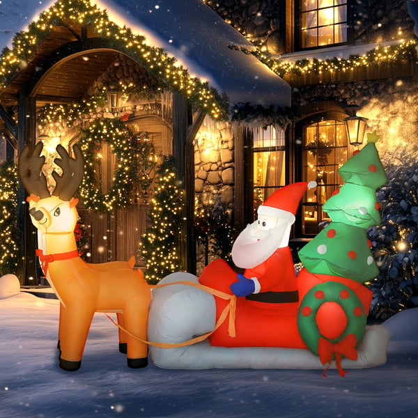 Oppustelig Juledekoration - Julemand i rensdyrslæde, 216 cm - Polyester, LED-lys, Farverig