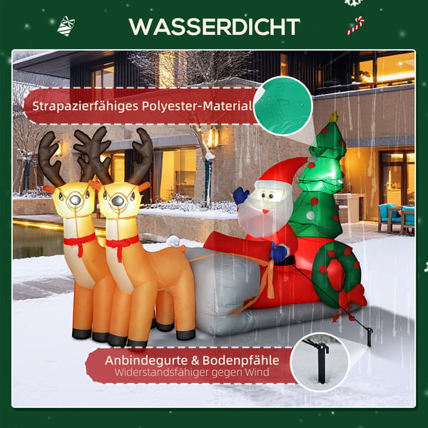 Oppustelig Juledekoration - Julemand i rensdyrslæde, 216 cm - Polyester, LED-lys, Farverig