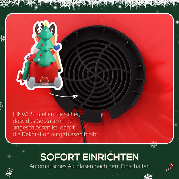 Oppustelig Juledekoration - Julemand i rensdyrslæde, 216 cm - Polyester, LED-lys, Farverig