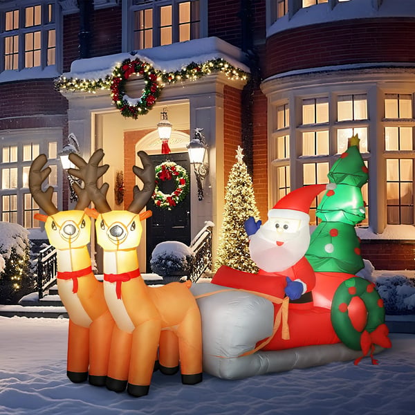 Oppustelig Juledekoration - Julemand i rensdyrslæde, 216 cm - Polyester, LED-lys, Farverig
