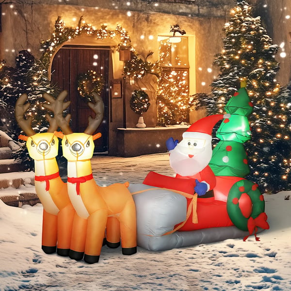 Oppustelig Juledekoration - Julemand i rensdyrslæde, 216 cm - Polyester, LED-lys, Farverig