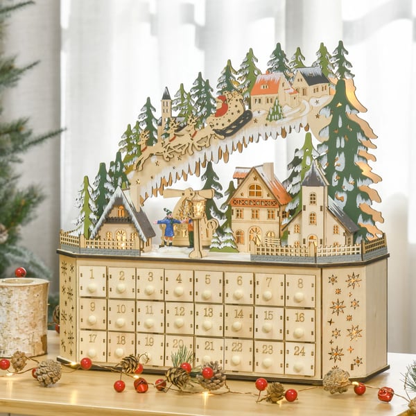 Adventskalender med 24 Lådor, Juldekor med LED Naturträ 45x13x43 cm