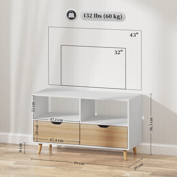 TV-bänk, vit TV-möbel i trä med 2 hyllor och 2 lådor, 99 cm
