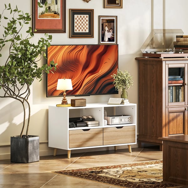 TV-bänk, vit TV-möbel i trä med 2 hyllor och 2 lådor, 99 cm