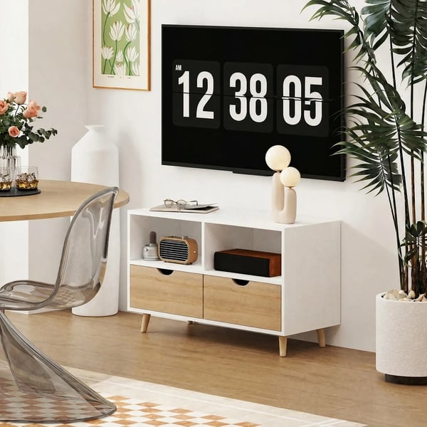 TV-bänk, vit TV-möbel i trä med 2 hyllor och 2 lådor, 99 cm