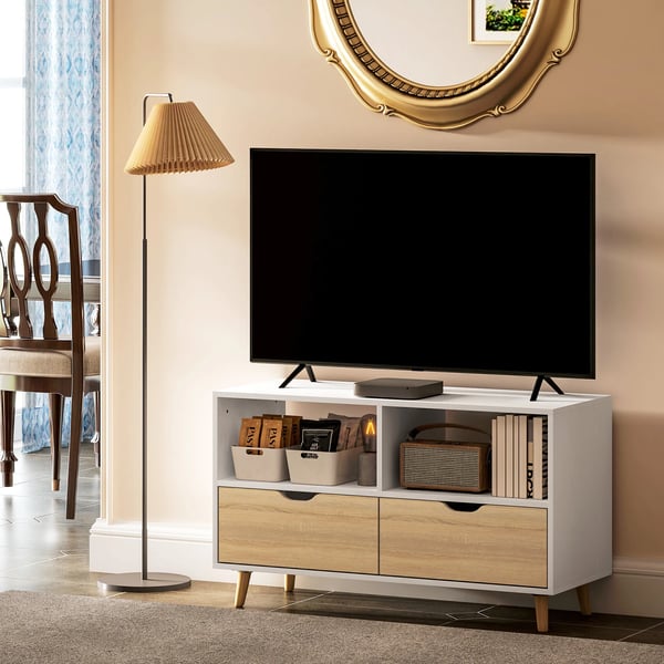 TV-bänk, vit TV-möbel i trä med 2 hyllor och 2 lådor, 99 cm