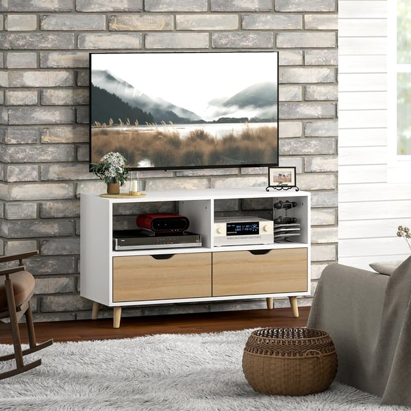 TV-bänk, vit TV-möbel i trä med 2 hyllor och 2 lådor, 99 cm