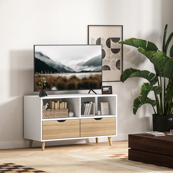 TV-bänk, vit TV-möbel i trä med 2 hyllor och 2 lådor, 99 cm