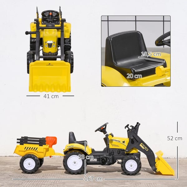 Tramptraktor med släp, trampfordon med skopa, leksakstraktor för barn från 3 år, Gul