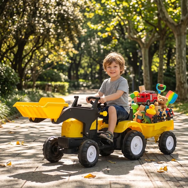 Tramptraktor med släp, trampfordon med skopa, leksakstraktor för barn från 3 år, Gul