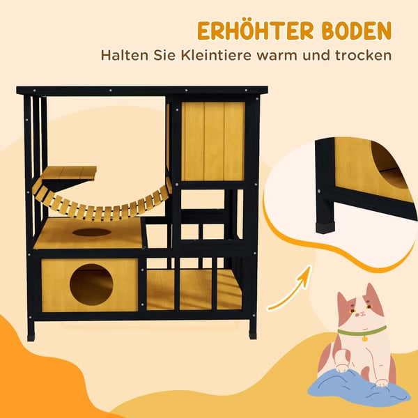 Kattehus i Træ m. Hængebro & Balkon - Vandtæt - Gul/Sort - Til 1-2 Katte
