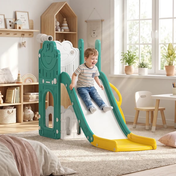 5-in-1 Lasten Liukumäkisetti Koripallokorilla ja Teleskoopilla, HDPE-muovi, Keltainen/Vihreä