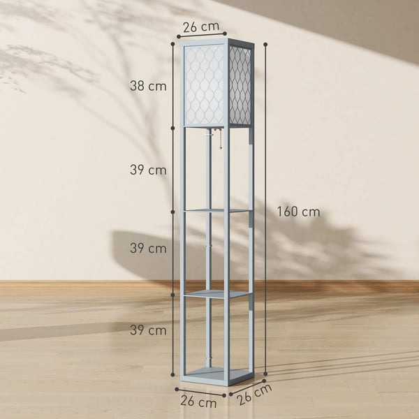 Gulvlampe med 3 hylder til opbevaring, lysegrå og hvid MDF
