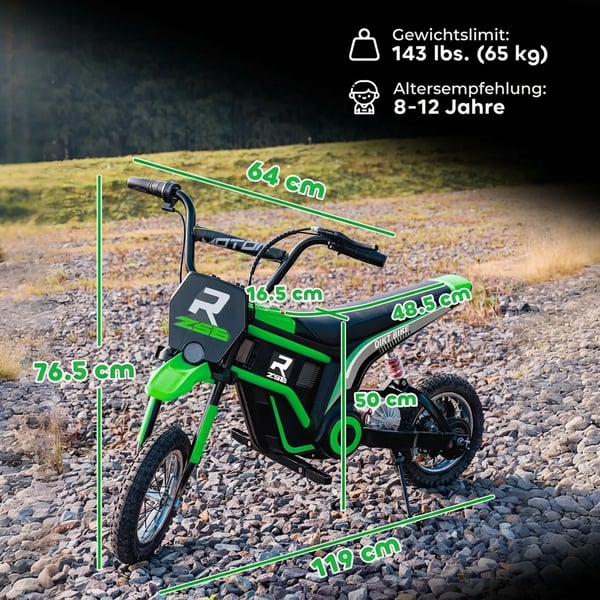 Elmotorcykel för barn 12V 24V 350W Grön Metall 8-12 år 8-16 km/h