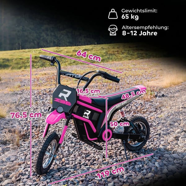 Elmotorcykel för Barn 24V, 12" Däck, Rosa – Perfekt för 8-12 år