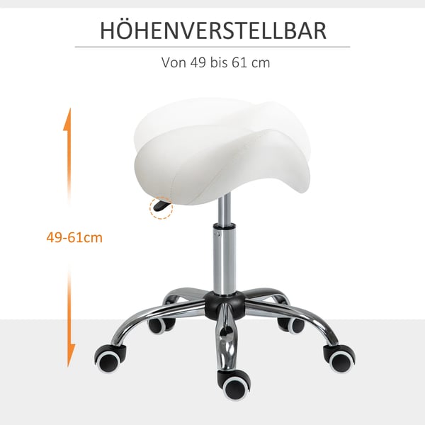 rulleskammel, drejestol, højdejusterbar, sadelstol, arbejdsskammel, polstret, hvid