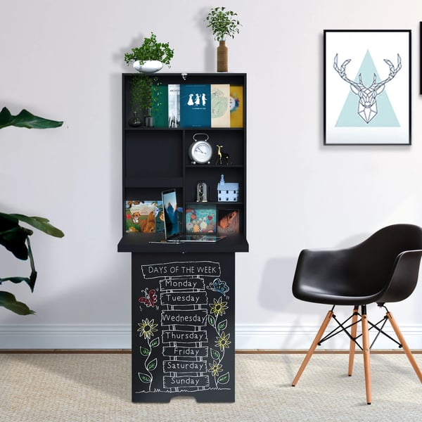 Vægmonteret Klapbord Klap Skrivebord Computerbord med Tavle Sort 60x94,5x147cm