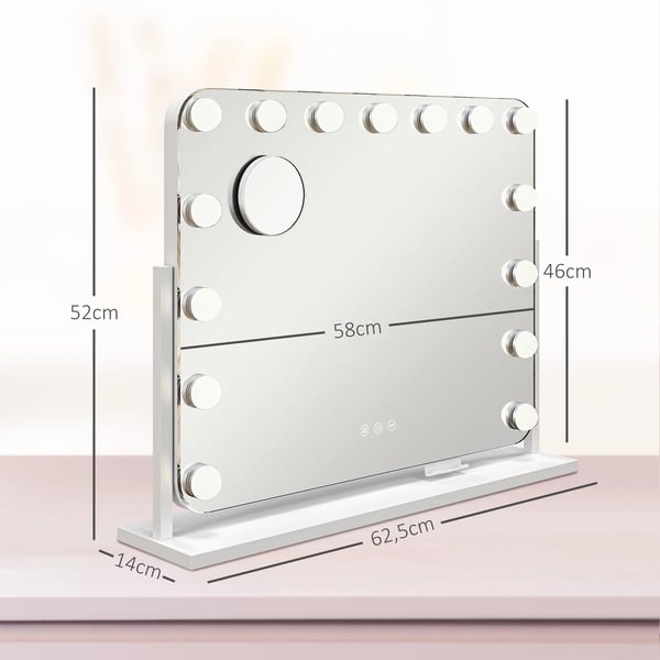 LED-kosmetikspejl, 3 lystilstande, dæmpbar, touch-styring, USB, 62,5 x 49,5 cm, Hvid