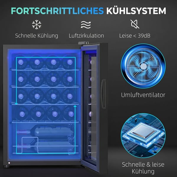 Vinkyl 20 flaskor, 53L Dryckeskyl med Kompressor och Anti-UV-glasdörr, LED, Pekskärm, Svart, Metall