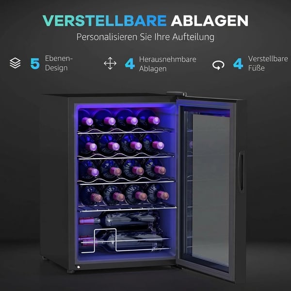 Vinkyl 20 flaskor, 53L Dryckeskyl med Kompressor och Anti-UV-glasdörr, LED, Pekskärm, Svart, Metall