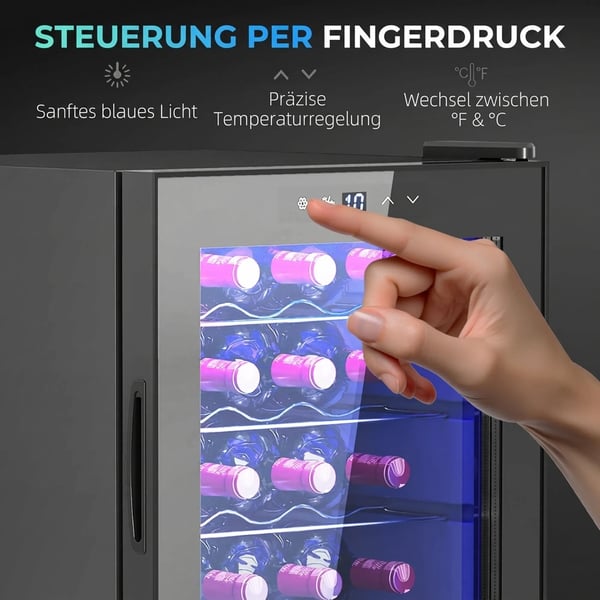 Vinkyl 20 flaskor, 53L Dryckeskyl med Kompressor och Anti-UV-glasdörr, LED, Pekskärm, Svart, Metall