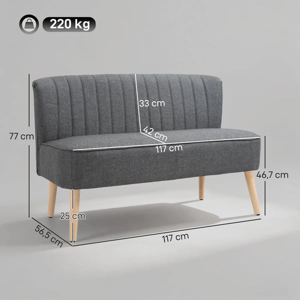 2-personers sofa, 117 cm, grå polyester med linnedlook, solid træramme