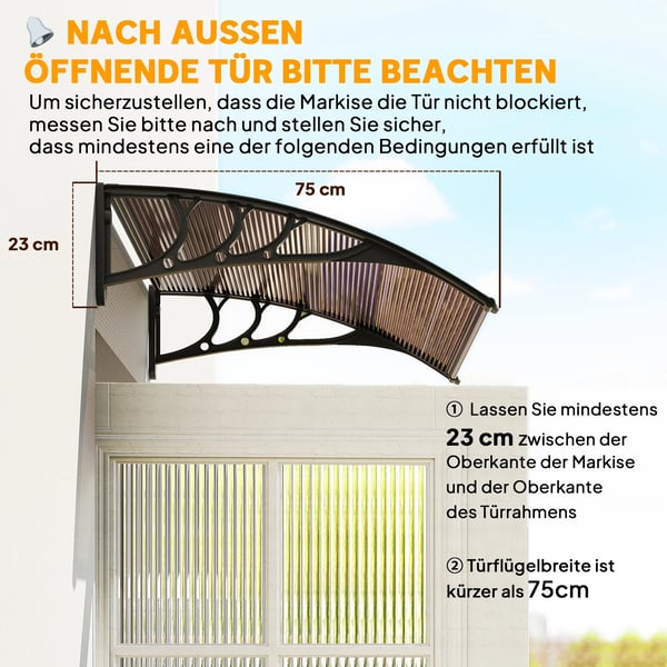 Vördach Haustür Überdachung Pultvordach aus Polycarbonat, Wetterfest, Braun, 75x100cm