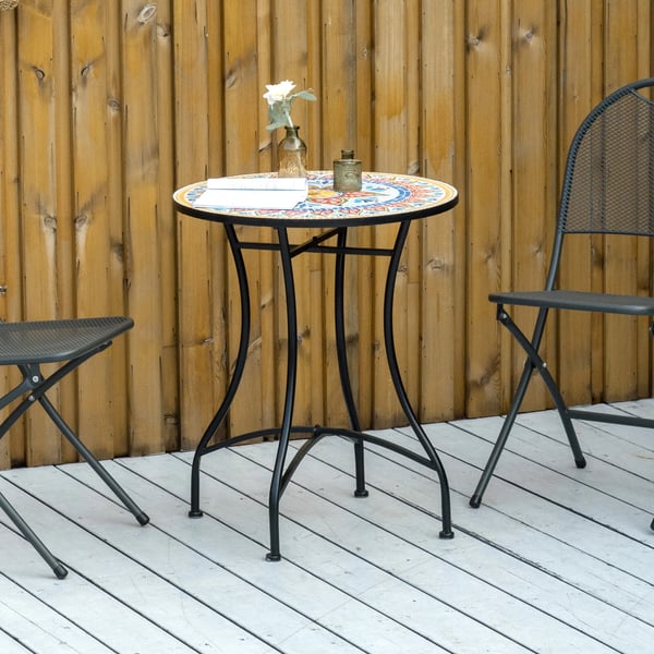 Havebord Mosaikbord Rundt Bistro af Keramik og Metal - Rød/Blå/Hvid, Ø60cm