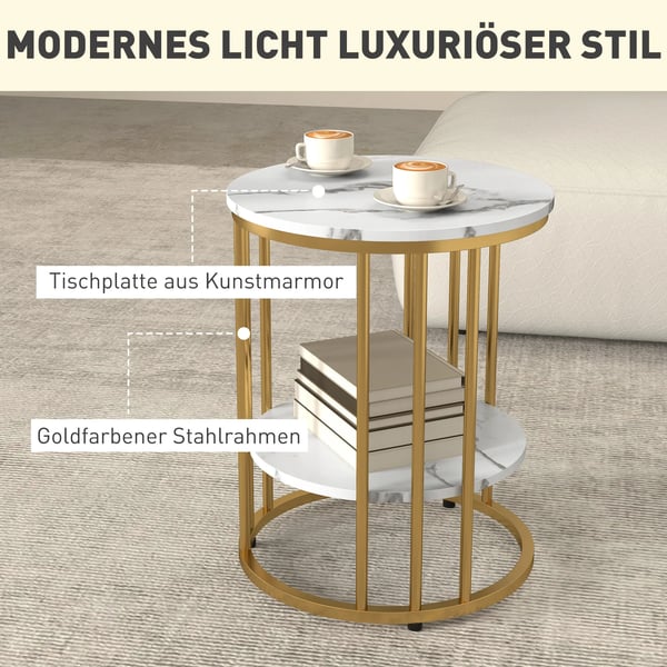 rundt sofabordssæt med 2 borde, sidebord med hylde, stålramme, stuebord i marmorlook, kaffebord til stue, soveværelse, hvid