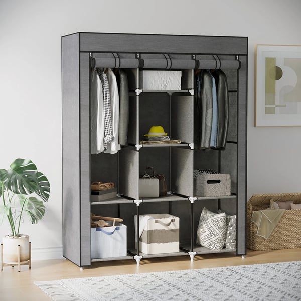 Klappskab mørkegrå Stoftøjskab med 8 hylder og bøjlestang - Foldbar garderobe m. fiberdug betræk til soveværelse/entré - 125x43x162,5 cm