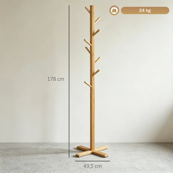 Garderobestativ i Bambus med 8 Kroge, Natur - 49,5x49,5x178cm