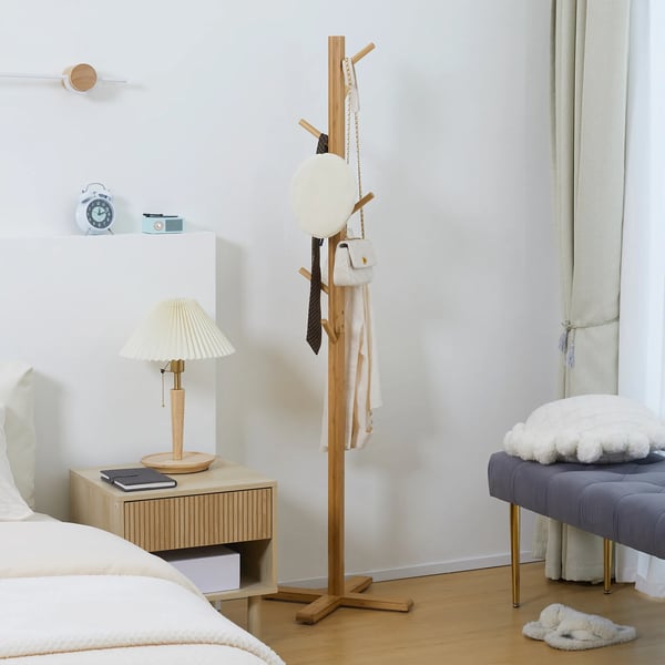 Garderobestativ i Bambus med 8 Kroge, Natur - 49,5x49,5x178cm