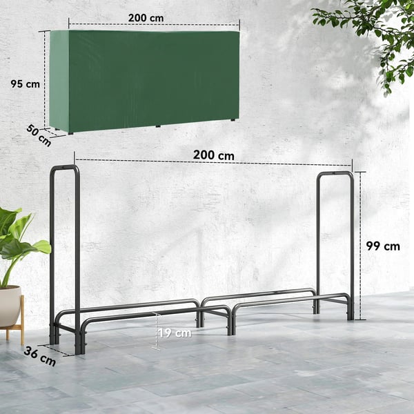 Brændestativ 200x36x99 cm, Sort Metal med Vandafvisende Betræk