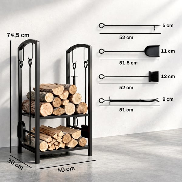 Br`ndestativ m. 4-delt pejsesat, 2 hylder, sort metal, 40x30x74.5cm