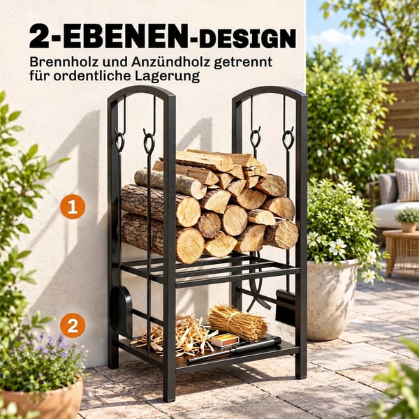 Br`ndestativ m. 4-delt pejsesat, 2 hylder, sort metal, 40x30x74.5cm