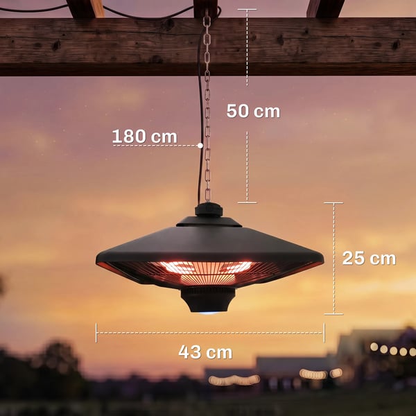 hængende infrarød terrassevarmer med LED-lys og fjernbetjening, 1000/2000 W, sort